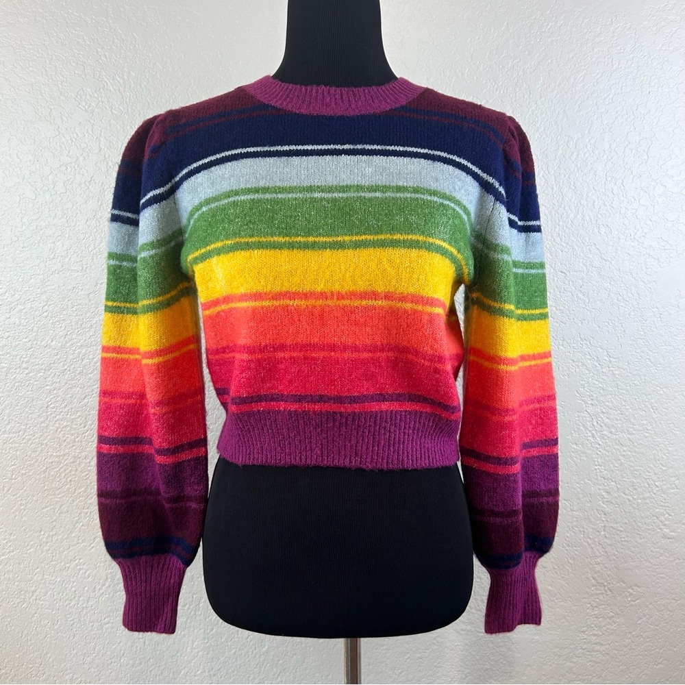 Zara Women’s Medium Striped Rainbow Puffy Long Sleeved Crop Fluffy Sweater